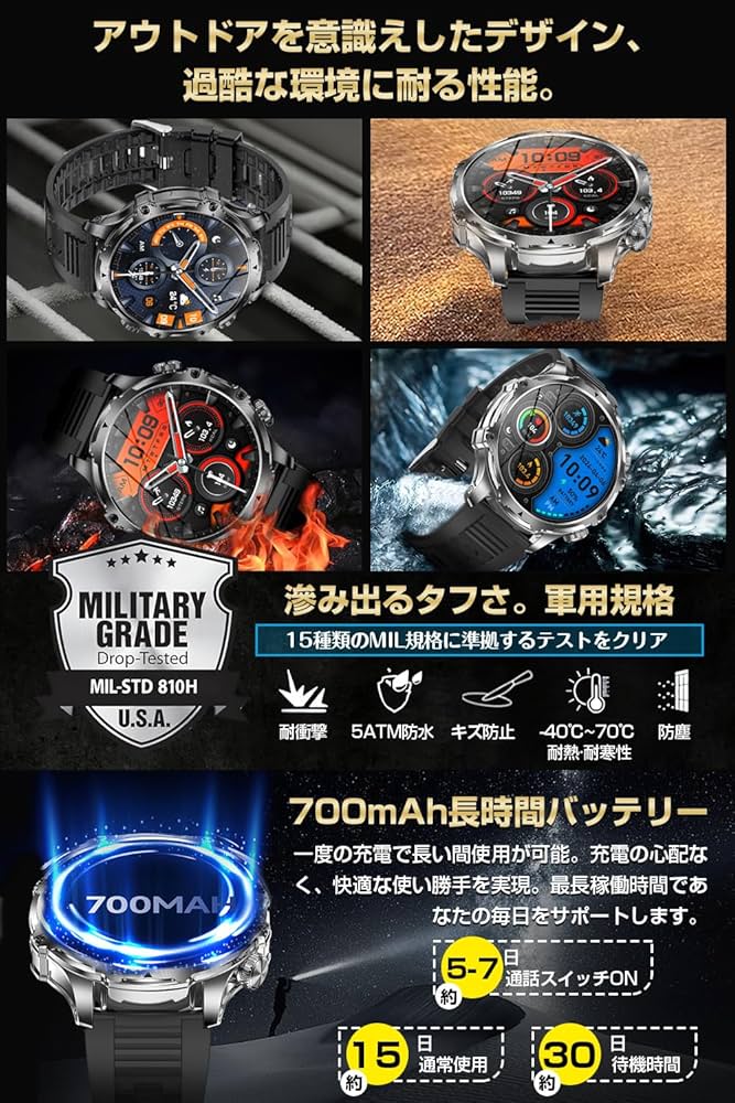 現品限り‼️ スマートウォッチ 超大画面 MIL規格準拠 軍用規格 ライト付 Amazon | スマートウォッチ 【1.9インチ超大画面 MIL規格準拠の